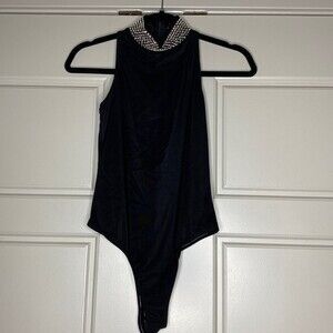 Kippy’s Swarovski Crystal Embellished Turtleneck Sleeveless Thong Bodysuit Sz M